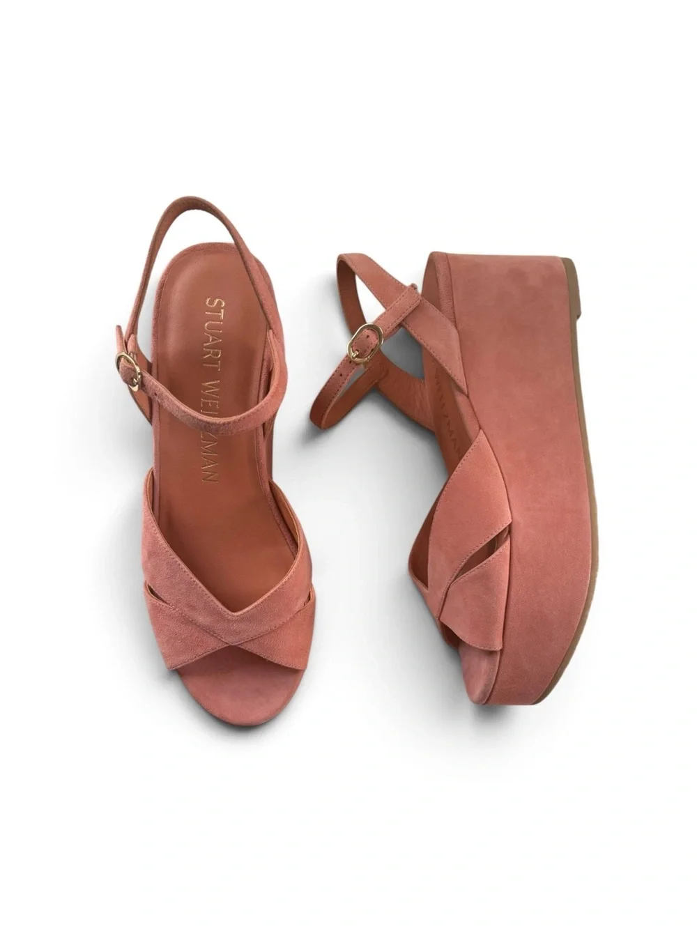 Stuart Weitzman Women's Platform Wedge Sandals Pink Suede Crisscross Size 9
